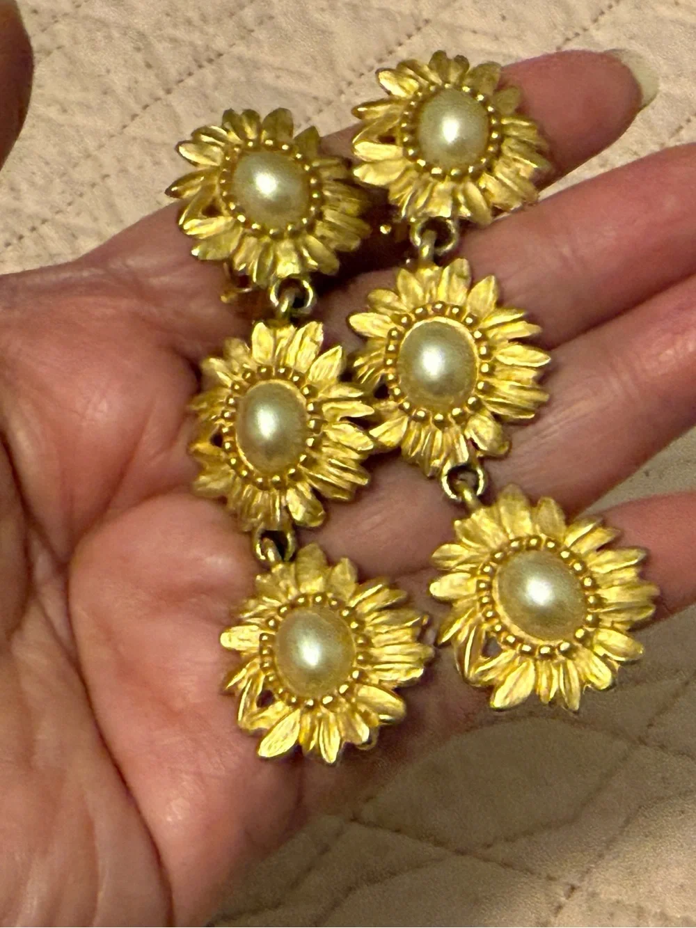 Vintage Statement Long Gold-Tone Sunflower Drop Earrings with Pearl Centers
